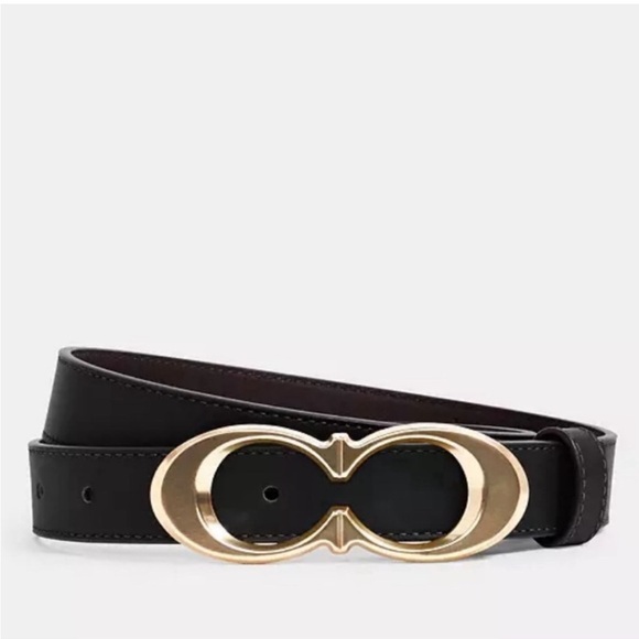 Coach Women Signature C Gold Buckle Black Leather Belt Size S - Picture 1 of 2